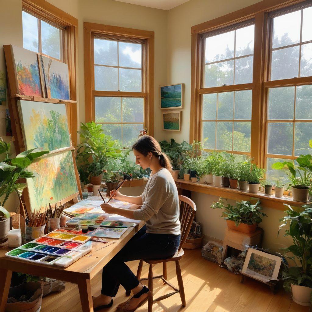 A serene and inviting room filled with colorful art supplies, cozy seating, and lush plants, depicting a nurturing environment for creativity. Soft sunlight filters through large windows, casting warm shadows on the walls adorned with inspiring artwork. A person is seen engaging in painting or journaling, radiating a sense of well-being and personal growth. The atmosphere should evoke a sense of tranquility and inspiration. vibrant colors. super-realistic.