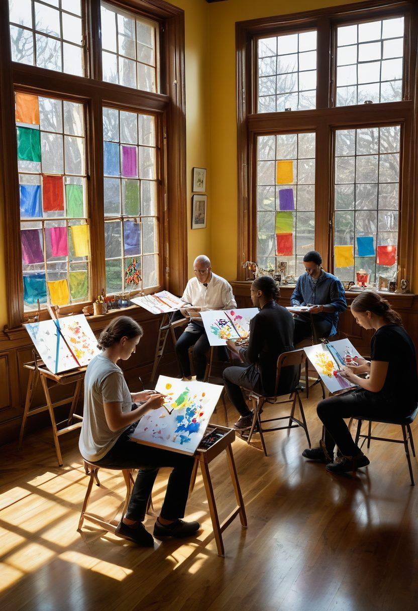 A vibrant scene capturing a diverse group of individuals engaged in creative activities at Spencer House, showcasing art, music, and community gatherings. The atmosphere is lively, with colorful banners and artwork on the walls, emphasizing personal development through collaboration and creativity. Sunlight pours through large windows, illuminating the joyful expressions of participants. super-realistic. vibrant colors. warm lighting.