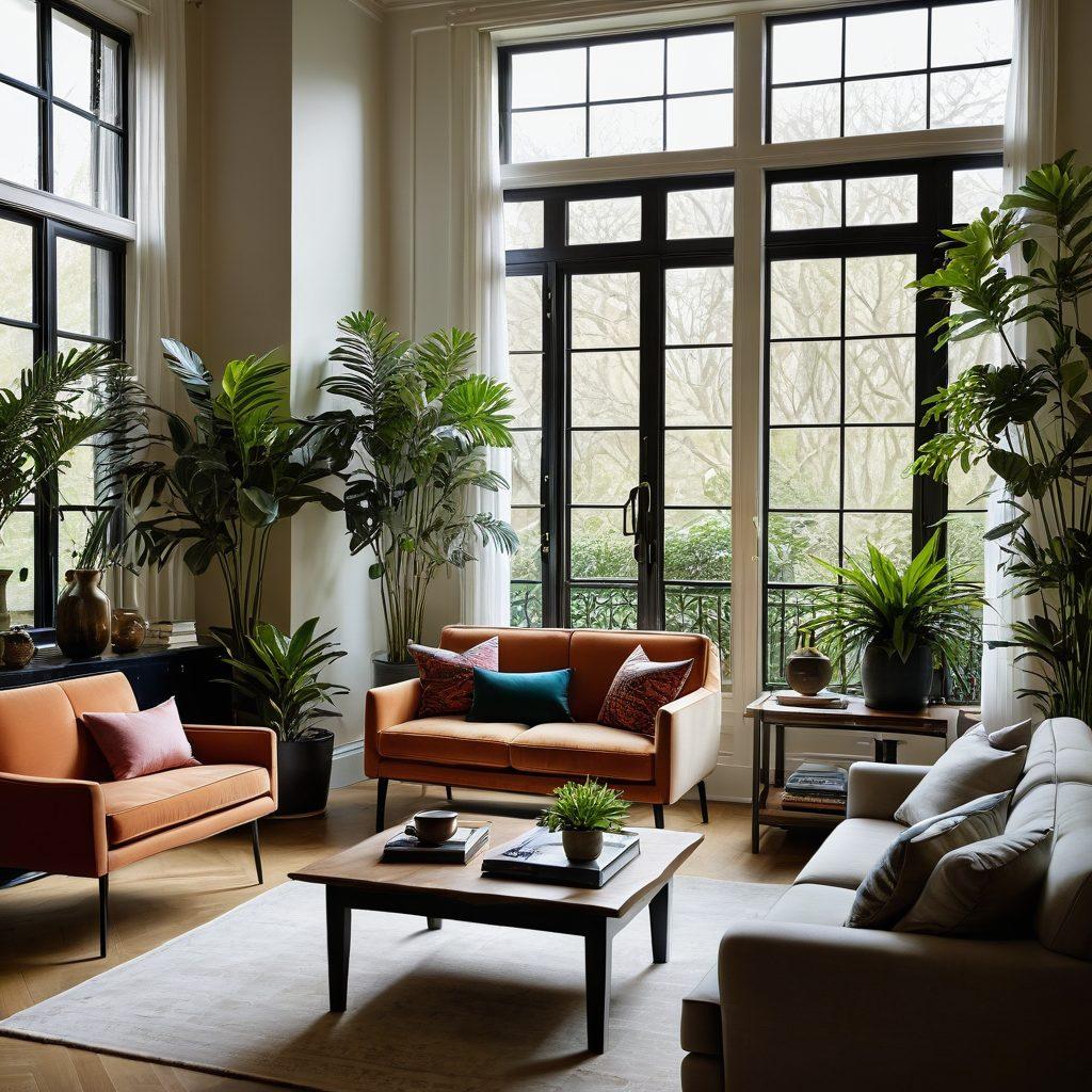 A serene living room at Spencer House showcasing cozy home decor with lush indoor plants, a stylish writing desk adorned with a laptop and journals, warm natural light streaming through large windows, and a touch of tranquility with decorative items reflecting personal stories. super-realistic. vibrant colors. soft lighting.